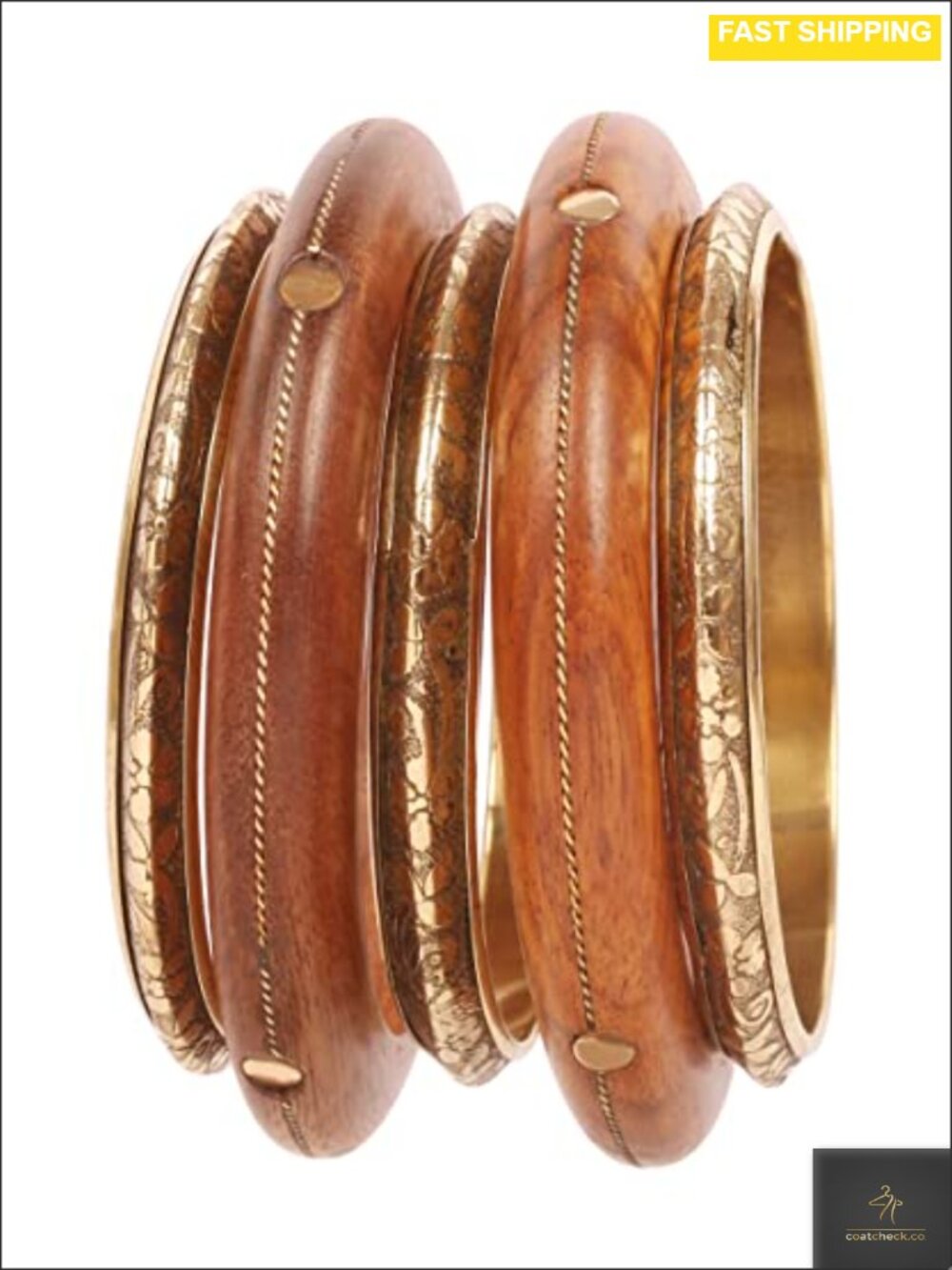 Handcrafted Wood Brass Bangle Bracelet Set Engraved Indian Jewelry Gift